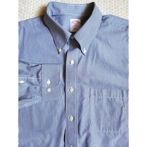 BROOKS BROTHERS Shirt Men 17.5 4/5 346 Dress White Blue Striped Non Iron Cotton